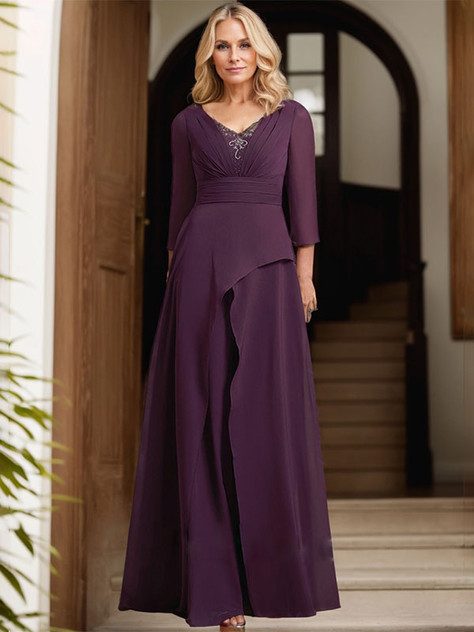 A-line V-Neck Floor-Length Chiffon Mother of the Bride Dress With Pleated Beading 1