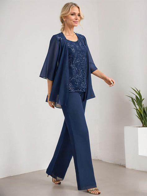 Separates Jumpsuit/Pantsuit Scoop Floor-Length Lace Chiffon Mother of the Bride Dress With Sequins