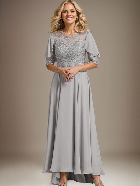 A-line Scoop Illusion Asymmetrical Chiffon Lace Mother of the Bride Dress With Beading