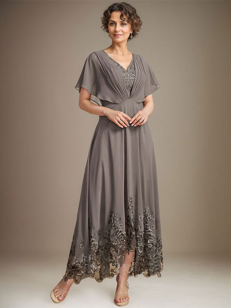 A-line V-Neck Asymmetrical Lace Chiffon Mother of the Bride Dress With Pleated