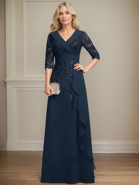 A-line Collared V-Neck Floor-Length Lace Chiffon Mother of the Bride Dress With Sequins Cascading Ruffles A-line Collared V-Neck Floor-Length Lace Chiffon Mother of the Bride Dress With Sequins Cascading Ruffles