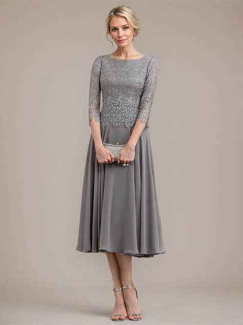 A-line Scoop Tea-Length Lace Chiffon Mother of the Bride Dress 1