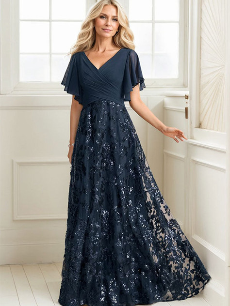 A-line V-Neck Floor-Length Lace Sequin Chiffon Mother of the Bride Dress With Pleated