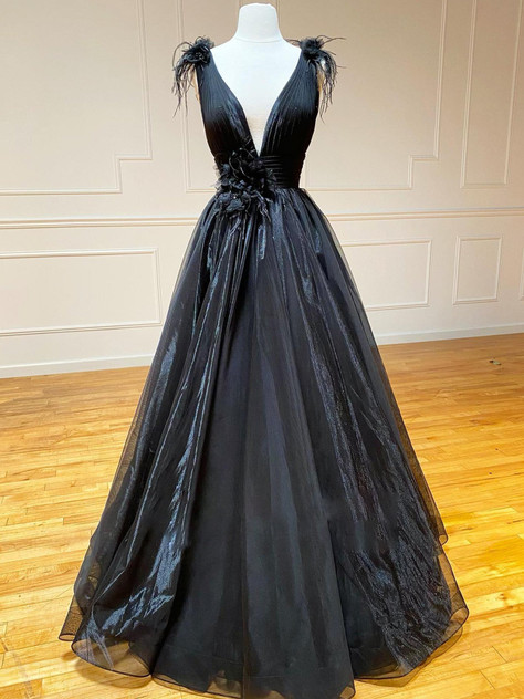 A Line Black V Neck Tulle Long Prom Dress A Line Black V Neck Tulle Long Prom Dress
