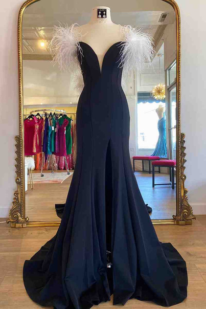 Long Black High Slit Prom Dress with White Feather Long Black High Slit Prom Dress with White Feather