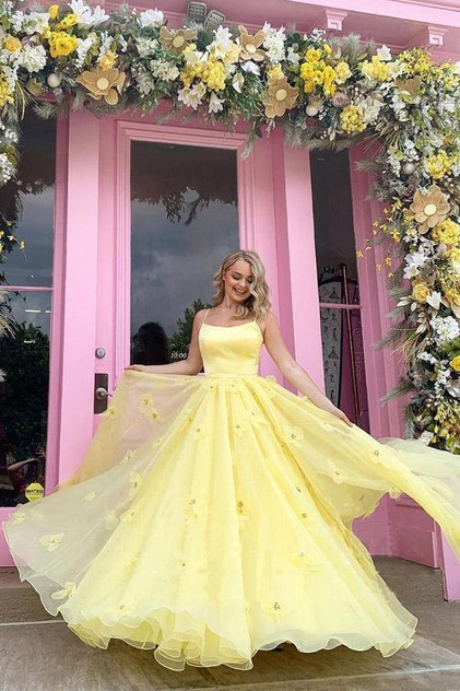 Straps Tulle Bodice 3D Flowers With Back Lace Up Yellow Prom Dress