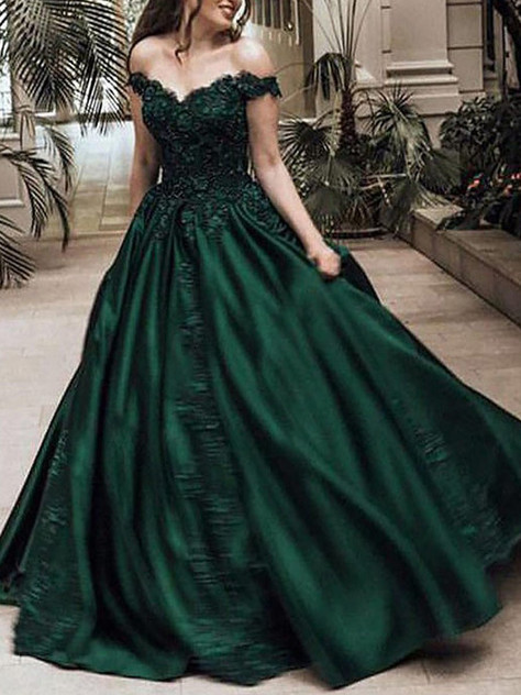 Gown Off-the-Shoulder Sleeveless Sweep Train Satin Prom Dress With Appliqued Beading