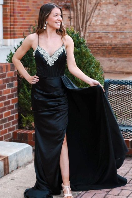 Rhinestone V-Neck Long Formal Dress with Attached Train