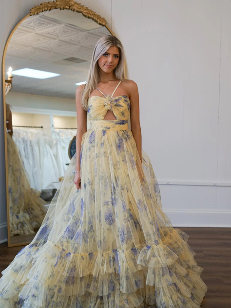 Print Halter Keyhole A-Line Long Prom Dress