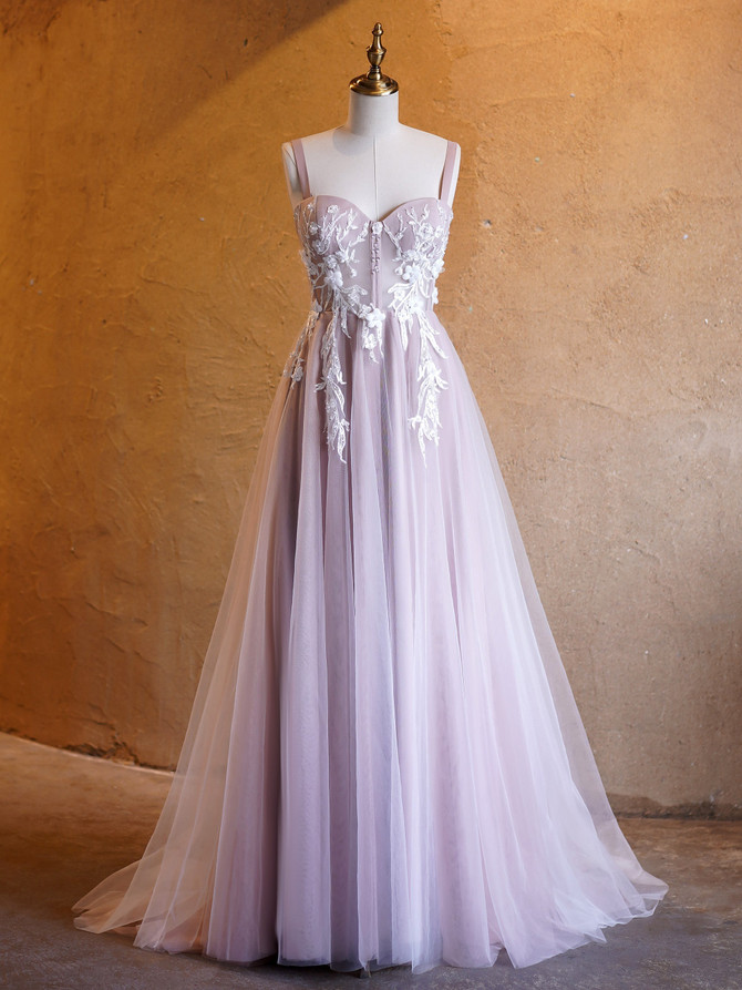 Lavender A-line Sweetheart Neckline Tulle Sweep Train Prom Dress