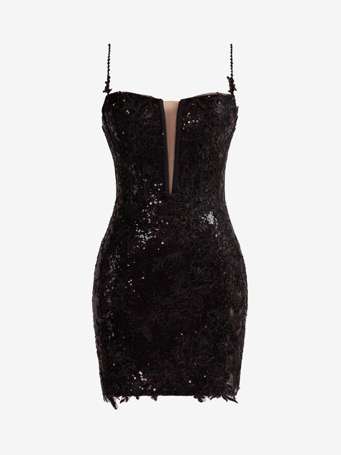 Black Sheath Spaghetti Straps Sequined Lace Homecoming Dress