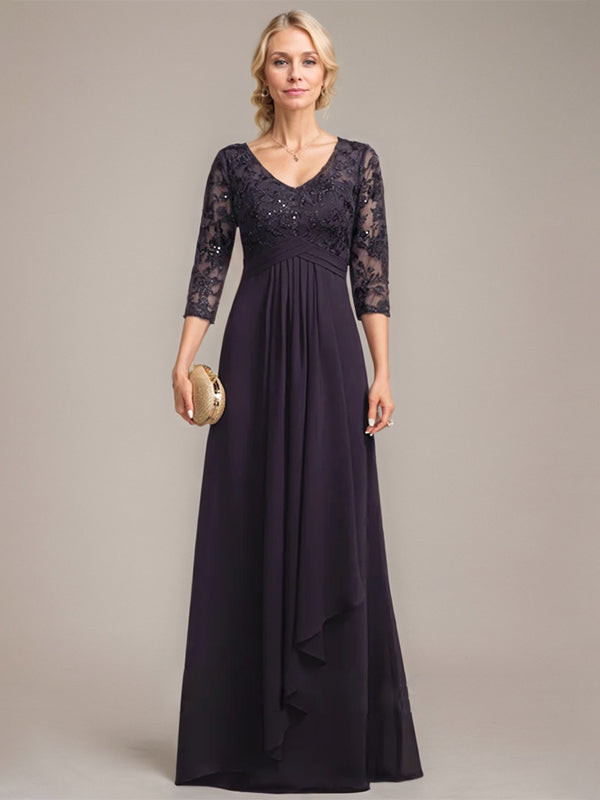 A-line V-Neck Floor-Length Lace Chiffon Mother of the Bride Dress With Cascading Ruffles Sequins
