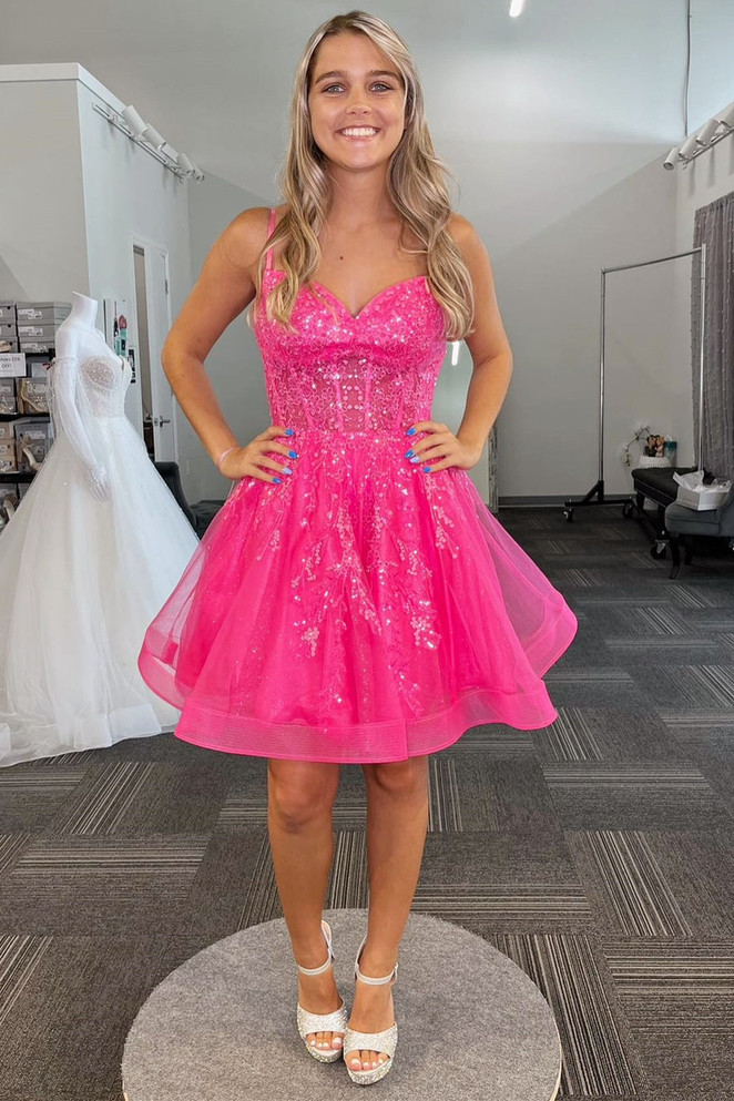 A-line Spaghetti Straps Sequins Tulle Homecoming Dress