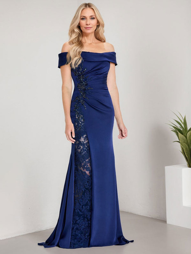 A-Line Off the Shoulder Floor-Length Mother of the Bride Dress Applique Beadings Mermaid Dress With  High Split