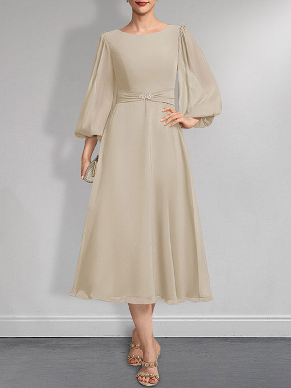 A-line Scoop Tea-Length Chiffon Mother of the Bride Dress With Crystal Brooch Pleated
