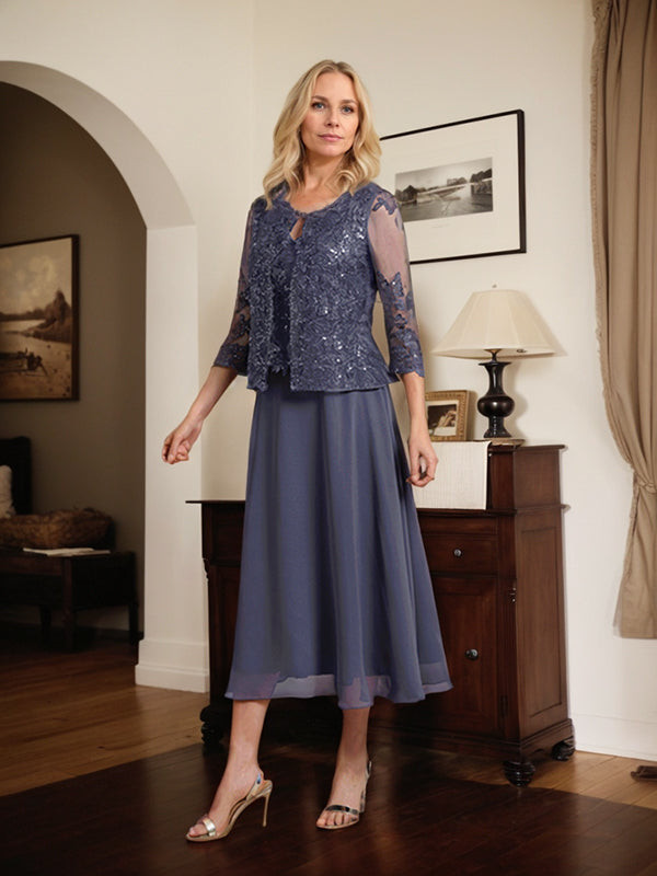 A-line Scoop Tea-Length Lace Chiffon Mother of the Bride Dress With Sequins