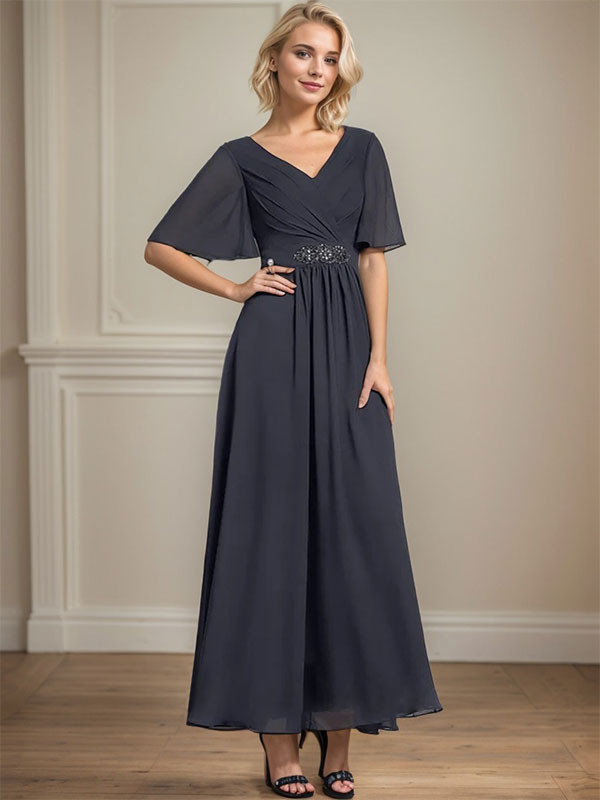 A-line V-Neck Ankle-Length Chiffon Mother of the Bride Dress With Pleated Beading Sequins