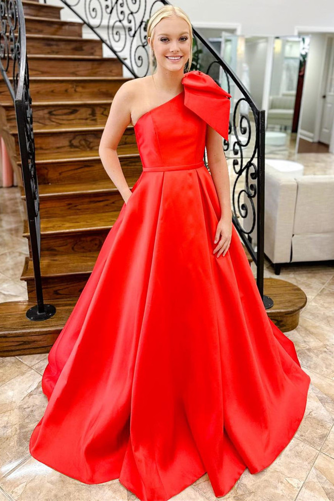 One Shoulder Bow Tie Satin Prom Dress with Pockets