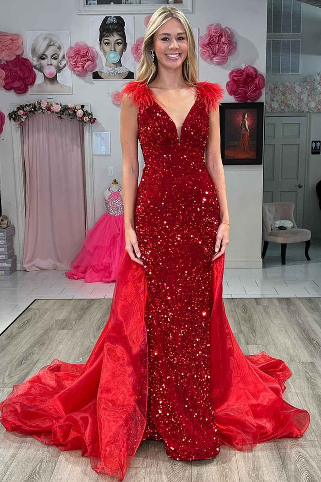 Lilianna | V-Neck Red Sequin Feathers Long Prom Dress with Cape