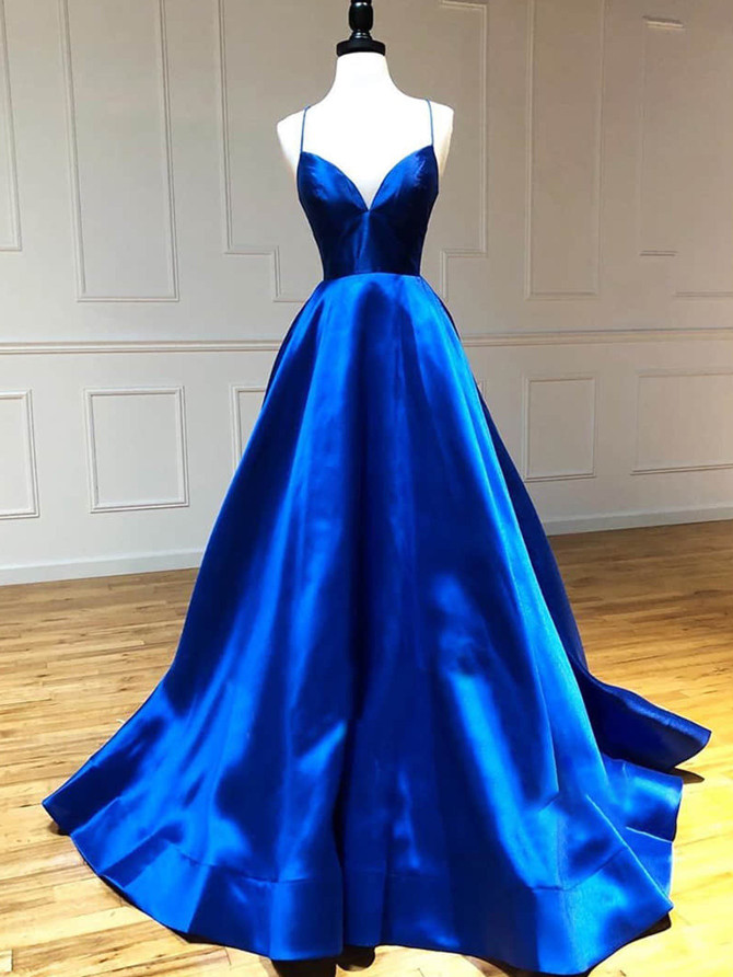 Satin A Line V Neck Long Prom Dress