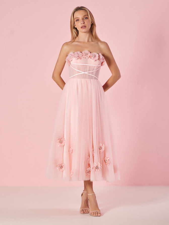 Light Pink Princess Strapless Prom Dress with Flowers