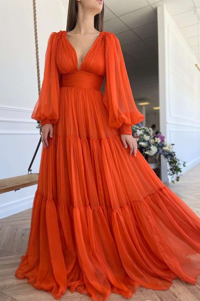Chiffon Floor Length Prom Dress, Long Sleeve Evening Party Dress