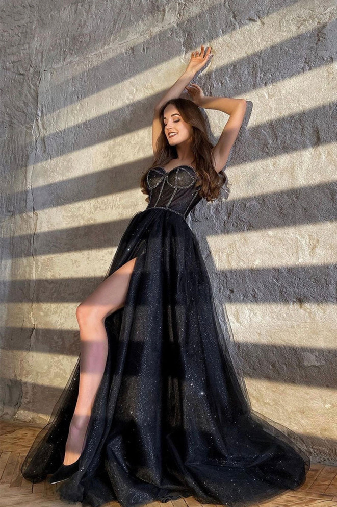 Shiny Tulle Floor Length Prom Dress Black Evening Dress with Slit