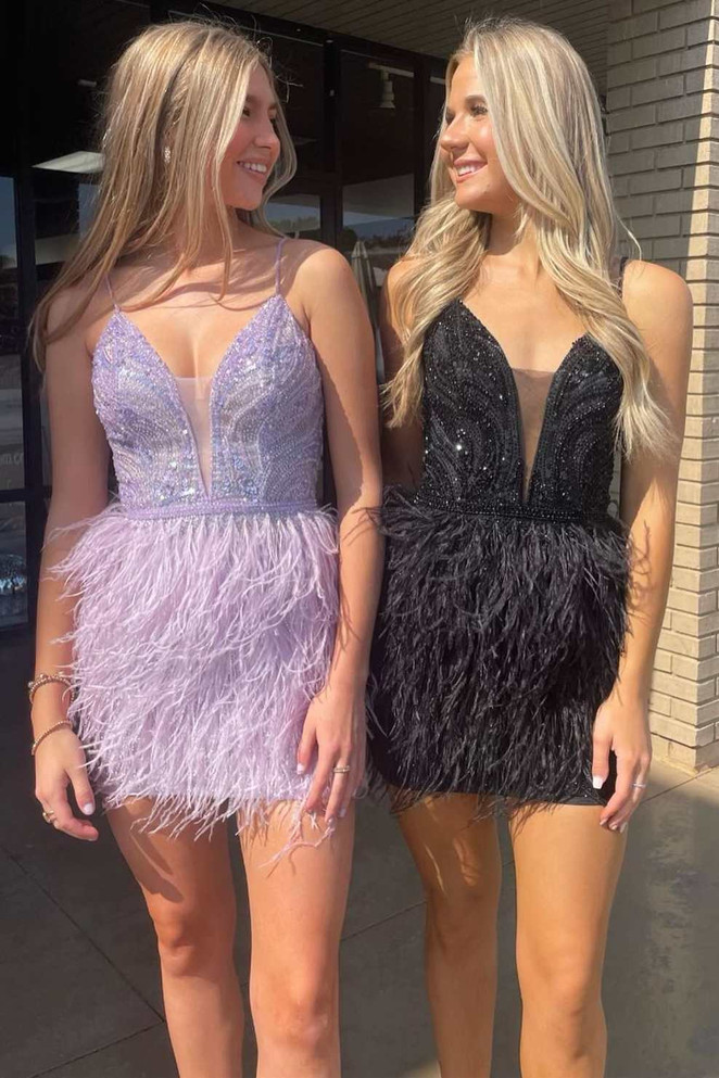 Lavender Lace Feather Short Homecoming Dress