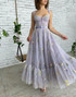 A-line Lilac Tea Length Tulle Prom Dress with Embroidery