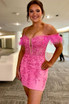 Sheath Off the Shoulder Pink Lace Homecoming Dress