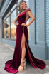 Wine Velvet Beaded One-Shoulder Long Formal Dress with Slit