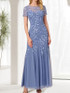 Blue Mermaid Round Neck Long Mother of the Bride Dress With Beadings