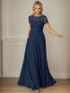 Dark Navy A-Line Boatneck Sequins Chiffon Dress