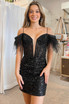 Off the Shoulder Black Sequins Short Homecoming Dress with Feathers