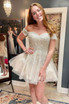 Short Appliqued Champagne Off the Shoulder Tulle Party Dress