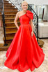 One Shoulder Bow Tie Satin Prom Dress with Pockets