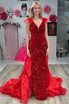 Lilianna | V-Neck Red Sequin Feathers Long Prom Dress with Cape