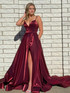 DarkRed Satin A Line Tight Long Prom Dress With Slit
