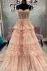 Blushing Pink Tulle Ruffle Layers Lace-Up Back A-Line Prom Dress
