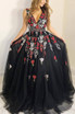 Princess A-line Black Long Prom Dress with Embroidery