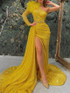 Mermaid Evening Gown Corsets Dress Formal Court Train Long Sleeve One Shoulder Sequined with Feather Sequin Slit