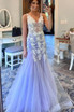 Mermaid Prom Dresses Floral Dress Formal Sweep Train Sleeveless V Neck Tulle with Ruffles Appliques