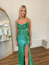 Chic Elegant Spaghetti Straps Long Prom Dresses Sage Sequins Evening Dress