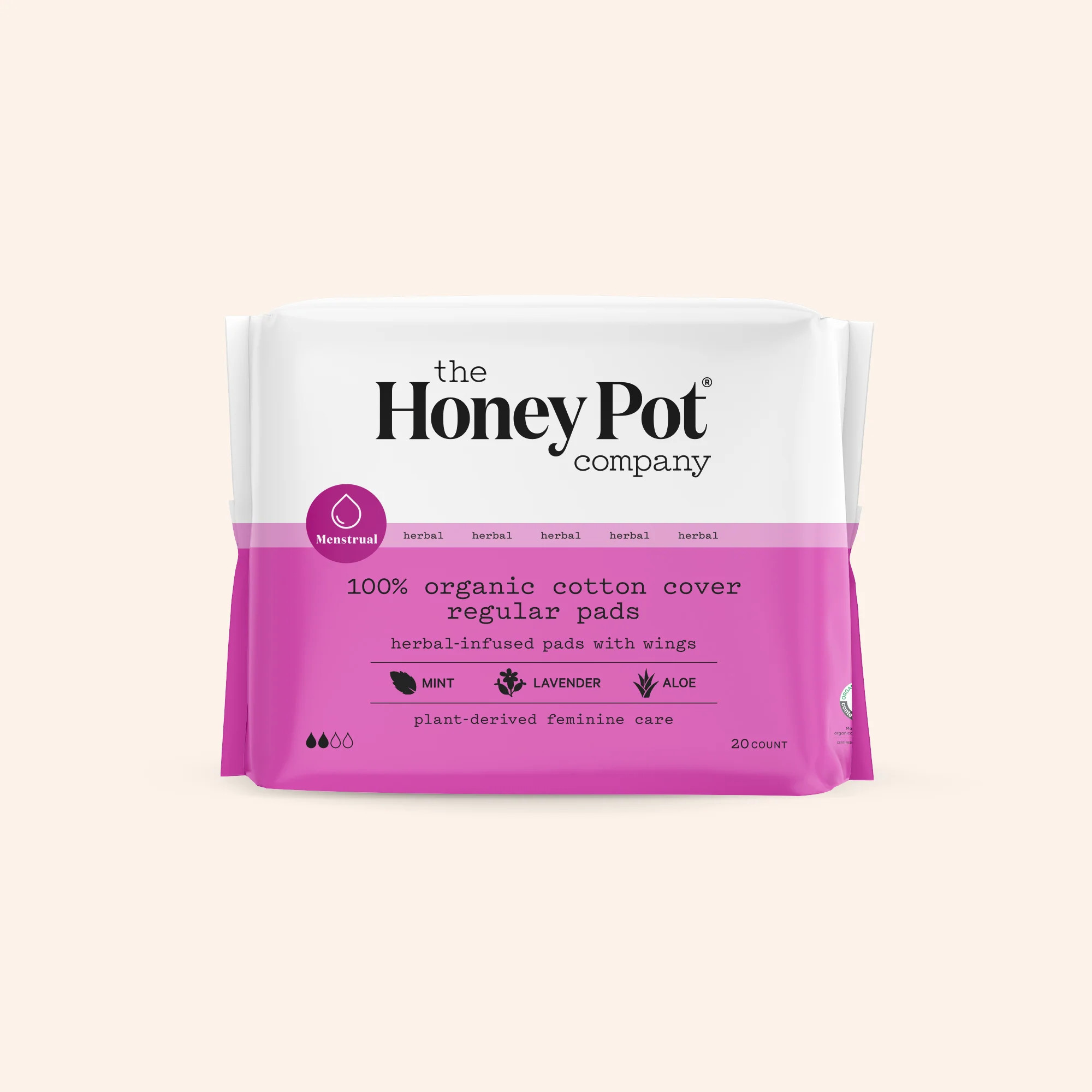 The Honey Pot Pads, Herbal-Infused, with Wings, 100% Organic Cotton Cover, Regular - 20 pads