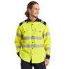 The BLAKLADER 3239 High Vis Yellow/Navy Blue Anti-Flame Multinorm Shirt is designed for safety and comfort in hazardous work environments.