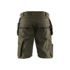 BLAKLADER 1494 Service Relaxed Fit Short Dark Olive Green / Black (Men) in PolyCotton Ripstop 250 gsm with Holster Pockets (CORDURA® reinforced tool pockets; Raised waist at the back; Loose fit) – front view; Holster Pockets true, Kneepad Pockets fa…