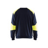 BLAKLADER 3458 Flame Resistant Fleece Sweater Navy Blue / Hi-Vis Yellow (Men) in Inherent Flame-Resistant Fleece – front view; Holster Pockets false, Features Inherent flame resistant; Antistatic quality; Soft, brushed inner; Hi-vis panels