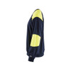 BLAKLADER 3458 Flame Resistant Fleece Sweater Navy Blue / Hi-Vis Yellow (Men) in Inherent Flame-Resistant Fleece – alternate side view; Holster Pockets false, Features Inherent flame resistant; Antistatic quality; Soft, brushed inner; Hi-vis panels