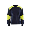 BLAKLADER 3458 Flame Resistant Fleece Sweater Navy Blue / Hi-Vis Yellow (Men) in Inherent Flame-Resistant Fleece – product display image; Holster Pockets false, Features Inherent flame resistant; Antistatic quality; Soft, brushed inner; Hi-vis panels