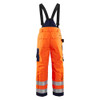 BLAKLADER 1885 High Vis Bib Overall Orange / Navy blue (Men) in Waterproof Laminated Polyester Oxford with Holster Pockets and Kneepad Pockets – front view; Application Rain, Holster Pockets true, Stretch false, Features CORDURA® reinforced knee pad…